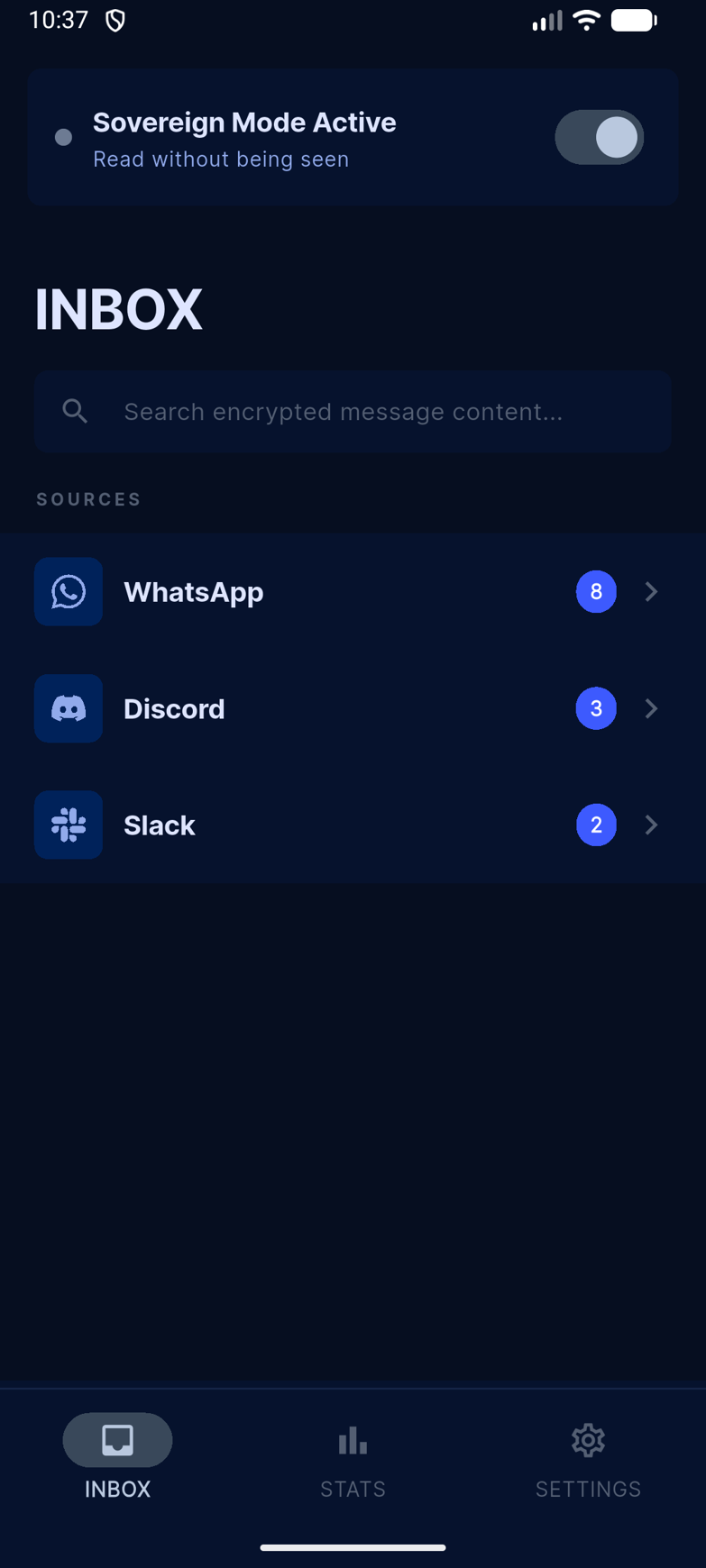 Shadow Vault clean inbox view in Sovereign Mode with no unread indicators