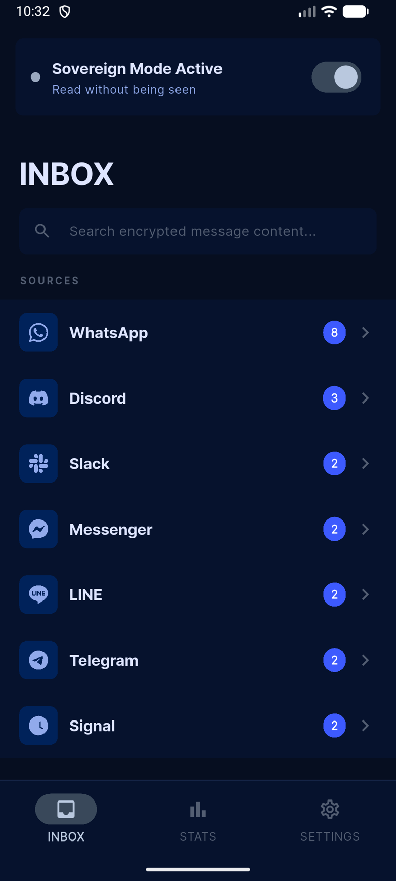 Shadow Vault inbox displaying captured WhatsApp and Discord messages with timestamps