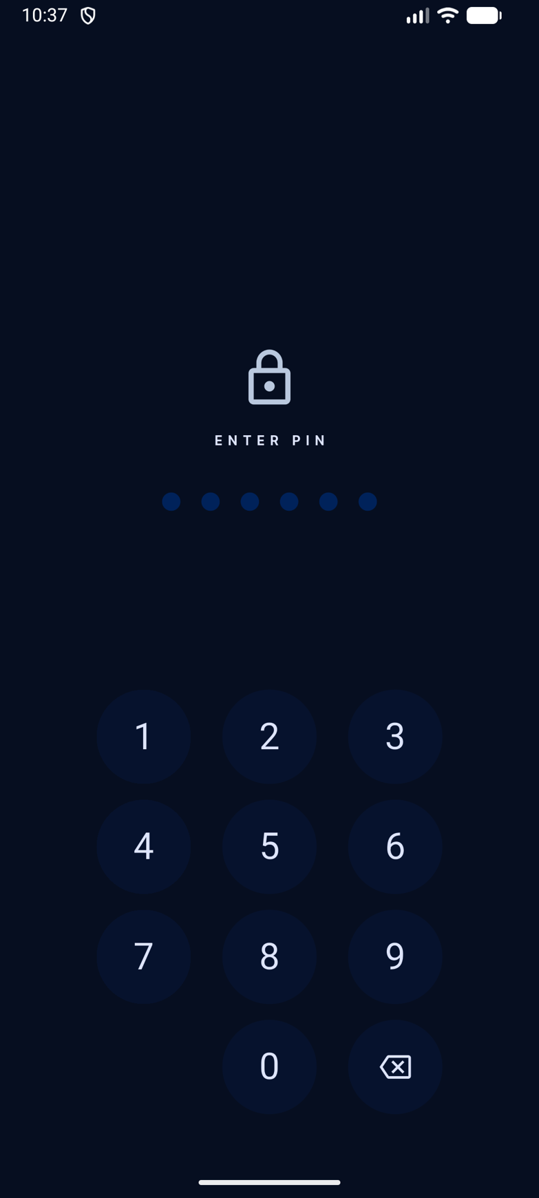 Shadow Vault PIN lock screen showing a numeric keypad for secure app access